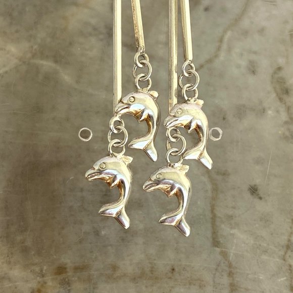Sterling Silver 925 2.5" Long Bar Dainty Jumping Dolphin Dangle Earrings - Picture 11 of 16